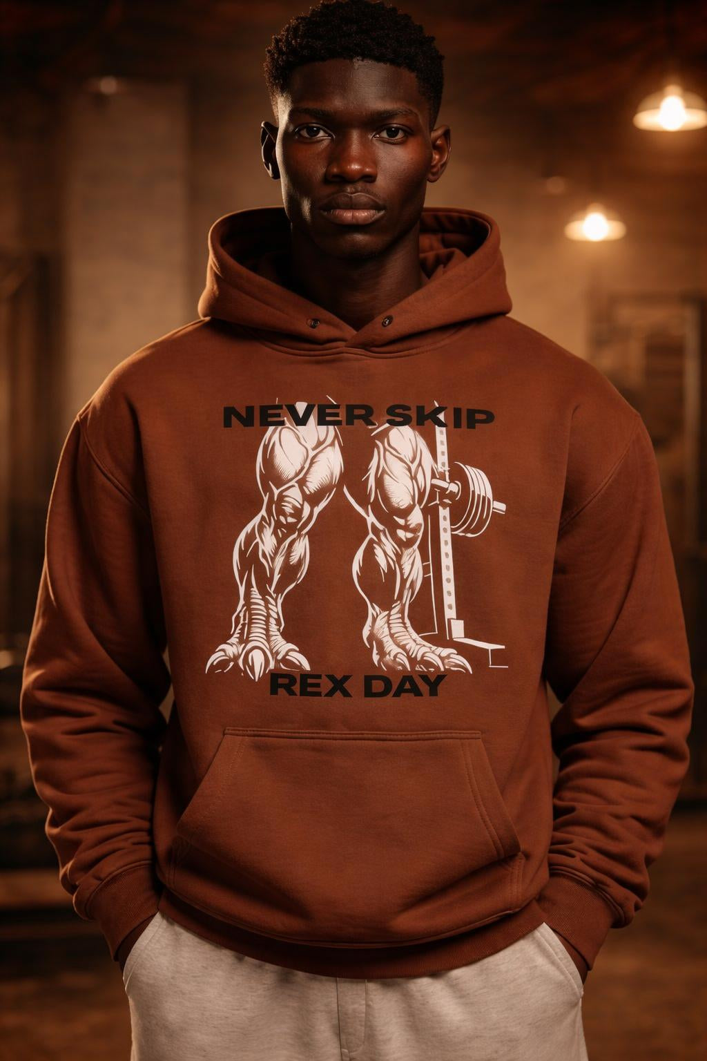 Close-up of the model wearing Never Skip Rex Day Oversized Hoodie - Funny Dinosaur Squat Pullover