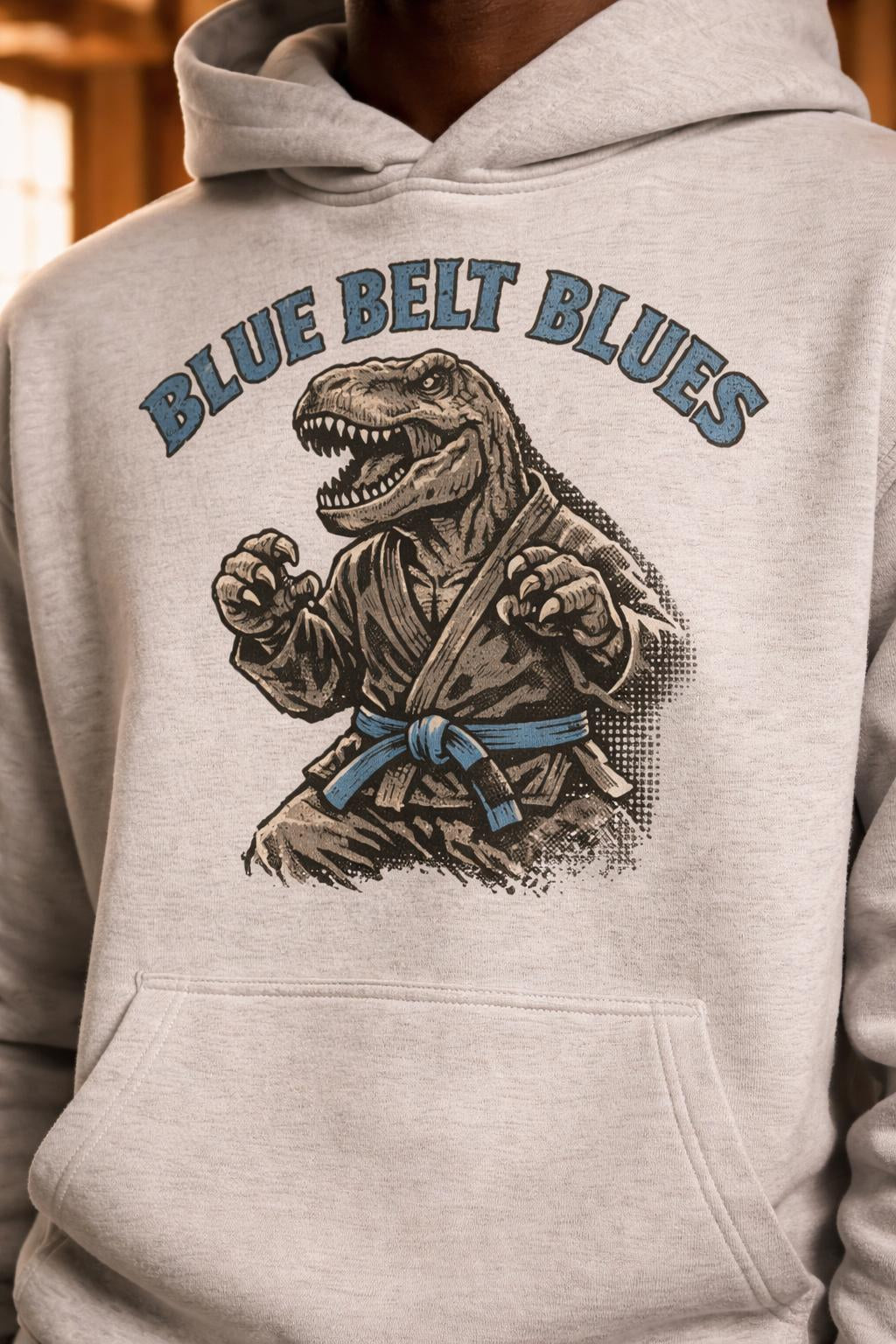 Detail shot of T-Rex Blue Belt Hoodie - Blue Belt Blues Oversized Pullover