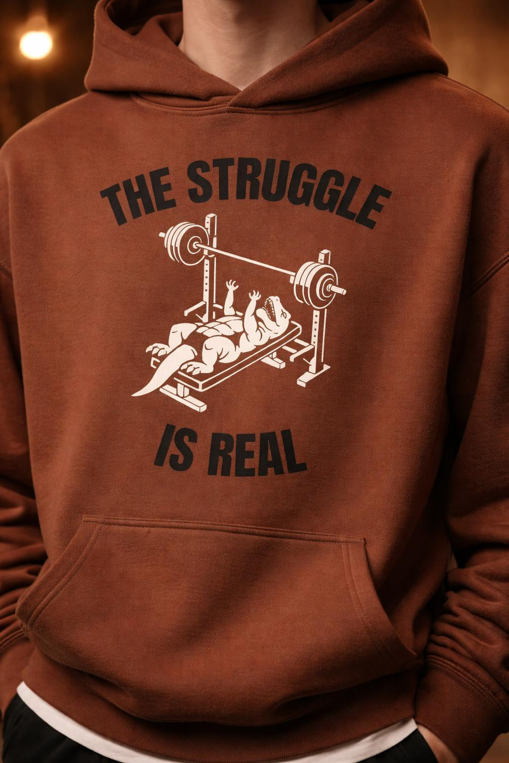 Detail shot of Short Arms Struggle Oversized Hoodie - Heavyweight T-Rex Gym Jumper