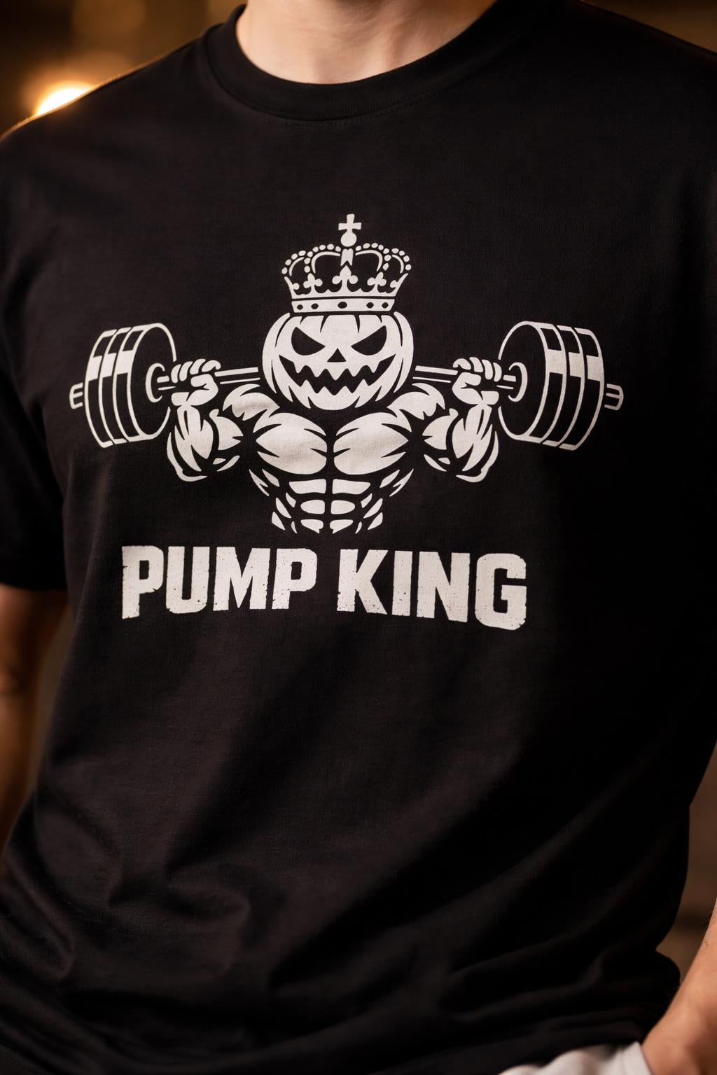 Detail shot of Pump-King Organic Cotton Shirt - Jack-O-Lantern Lifting Tee