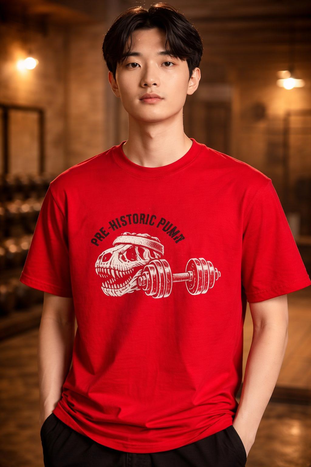Close-up of the model wearing Pre-Historic Pump Organic Tee - Funny Dinosaur Weightlifting Shirt