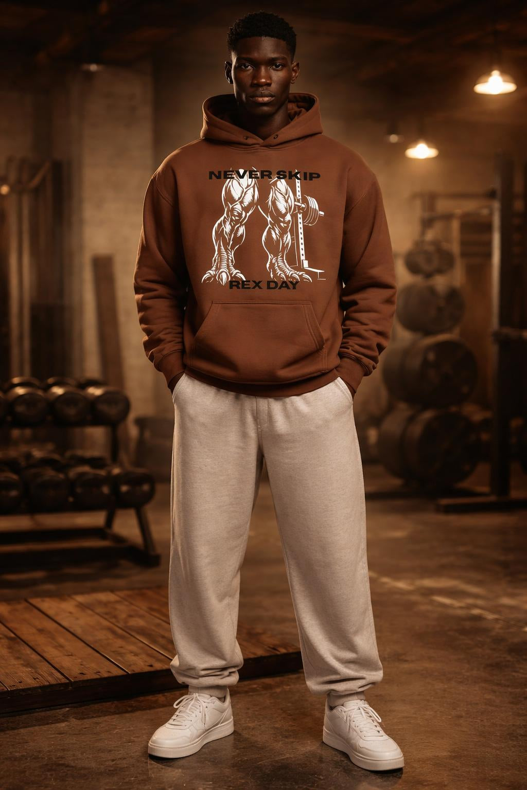 Full body view of the model wearing Never Skip Rex Day Oversized Hoodie - Funny Dinosaur Squat Pullover