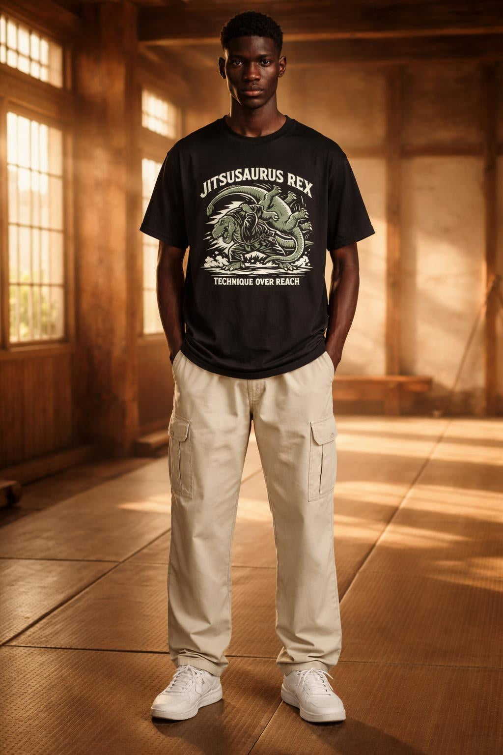 Full body view of the model wearing T-Rex Hip Throw BJJ Shirt - Technique Over Reach Organic Tee