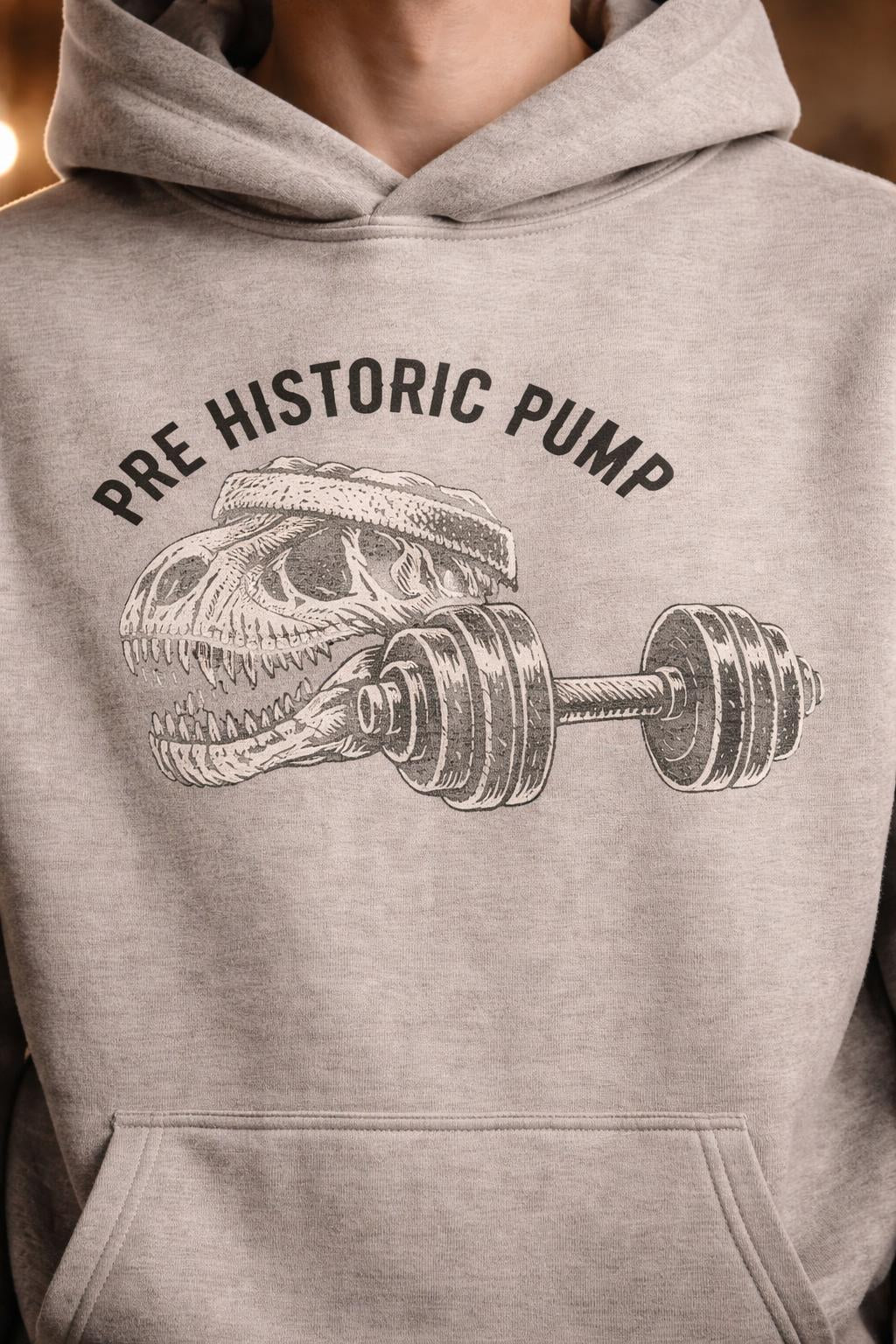 Detail shot of Pre-Historic Pump Oversized Hoodie - Warm Up Gym Sweatshirt