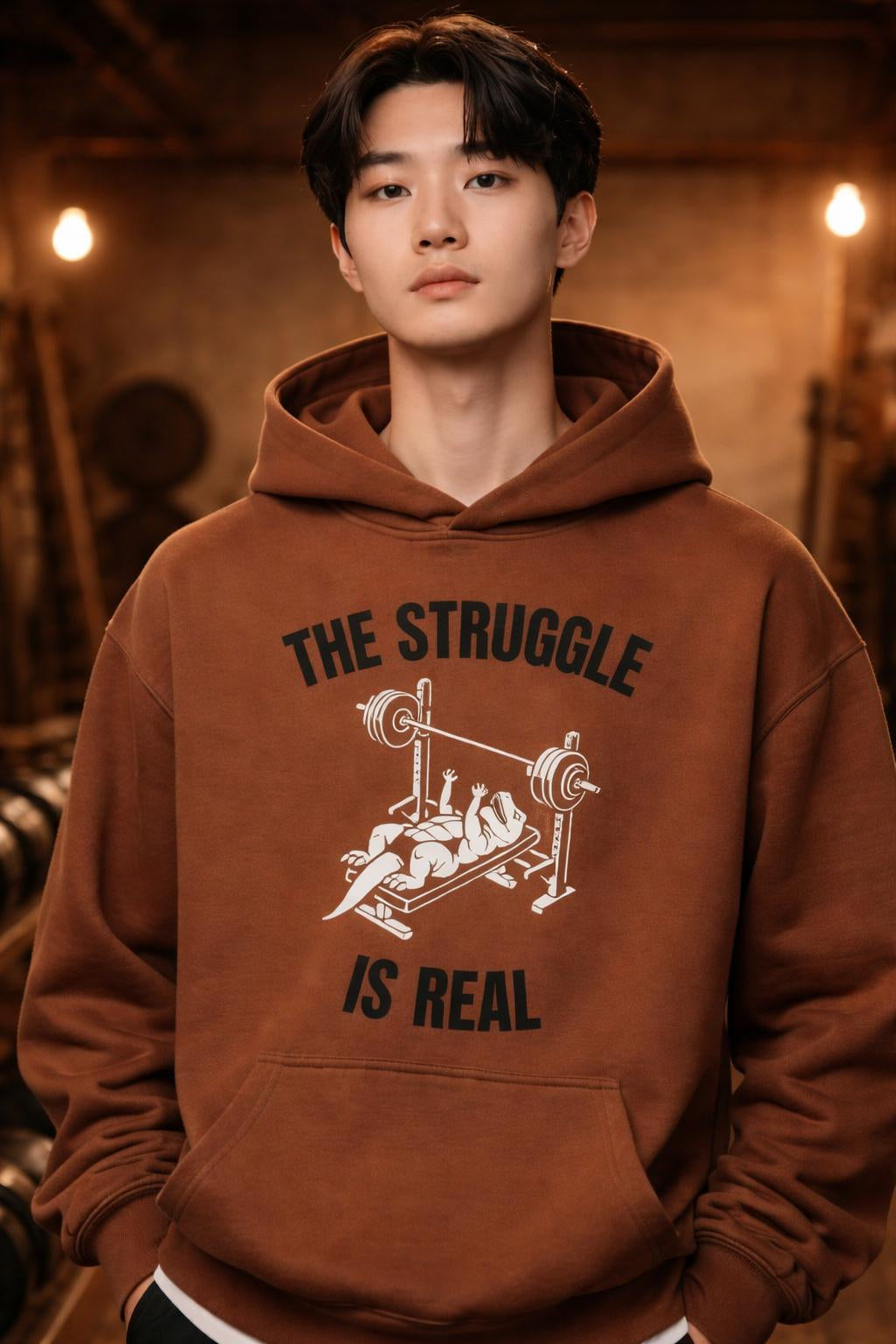 Close-up of the model wearing Short Arms Struggle Oversized Hoodie - Heavyweight T-Rex Gym Jumper