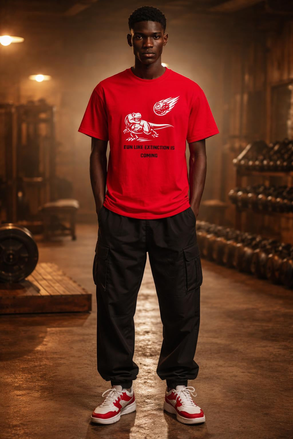 Full body view of the model wearing Cardio Extinction Organic Cotton Tee - Funny Runner Hater Shirt