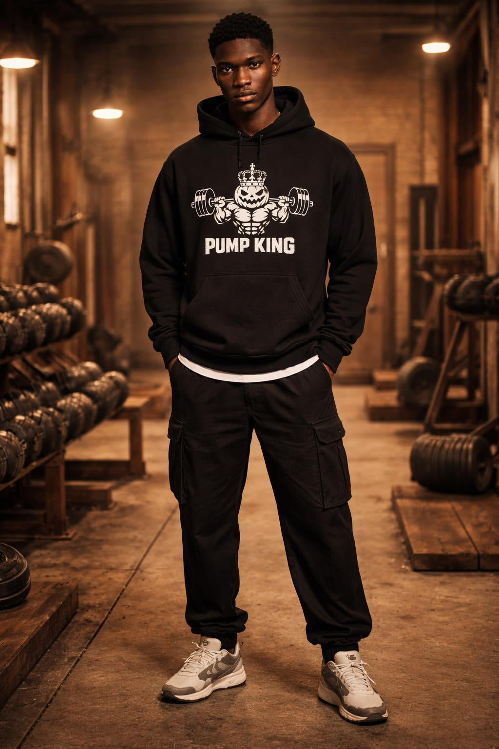 Full body view of the model wearing Pump-King Oversized Hoodie - Halloween Gym Sweatshirt