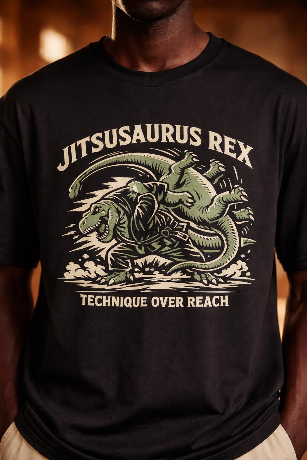 Detail shot of T-Rex Hip Throw BJJ Shirt - Technique Over Reach Organic Tee
