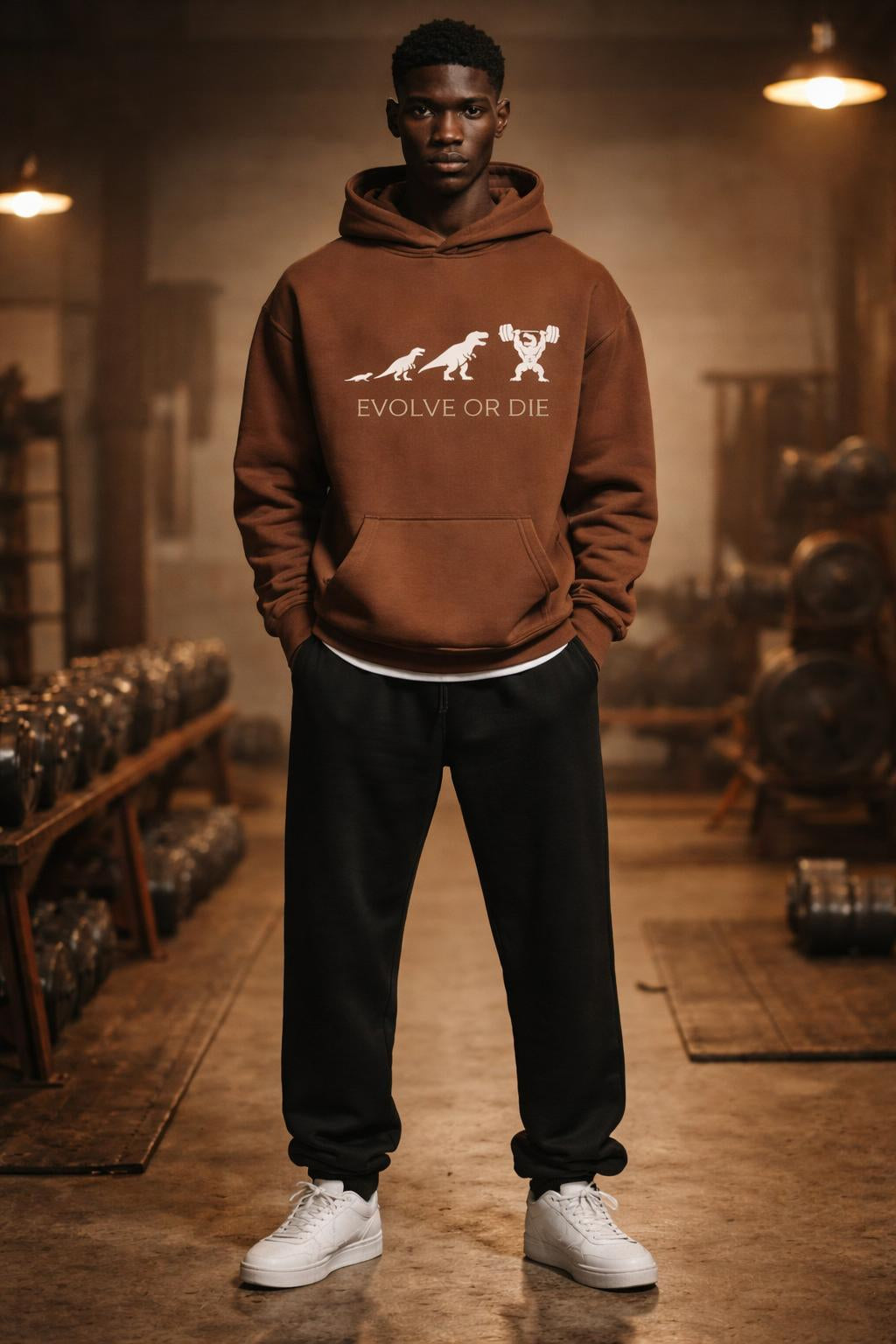 Full body view of the model wearing Evolve or Die Oversized Hoodie - Heavyweight Bodybuilding Sweatshirt