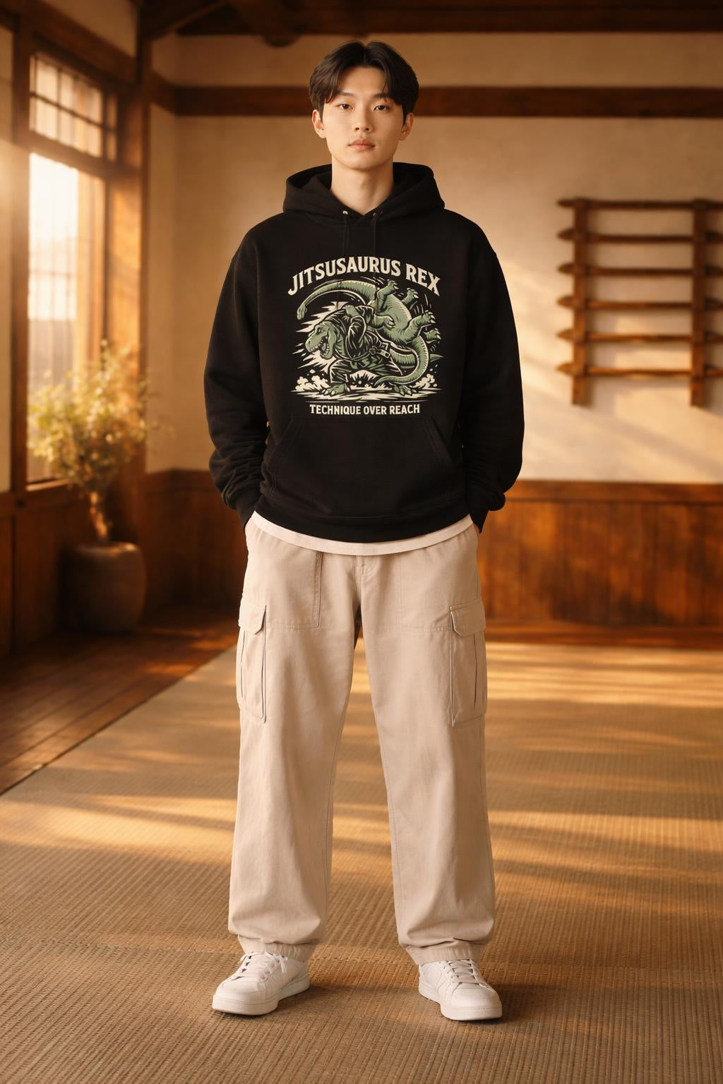 Full body view of the model wearing T-Rex Hip Throw BJJ Hoodie - Technique Over Reach Oversized Pullover
