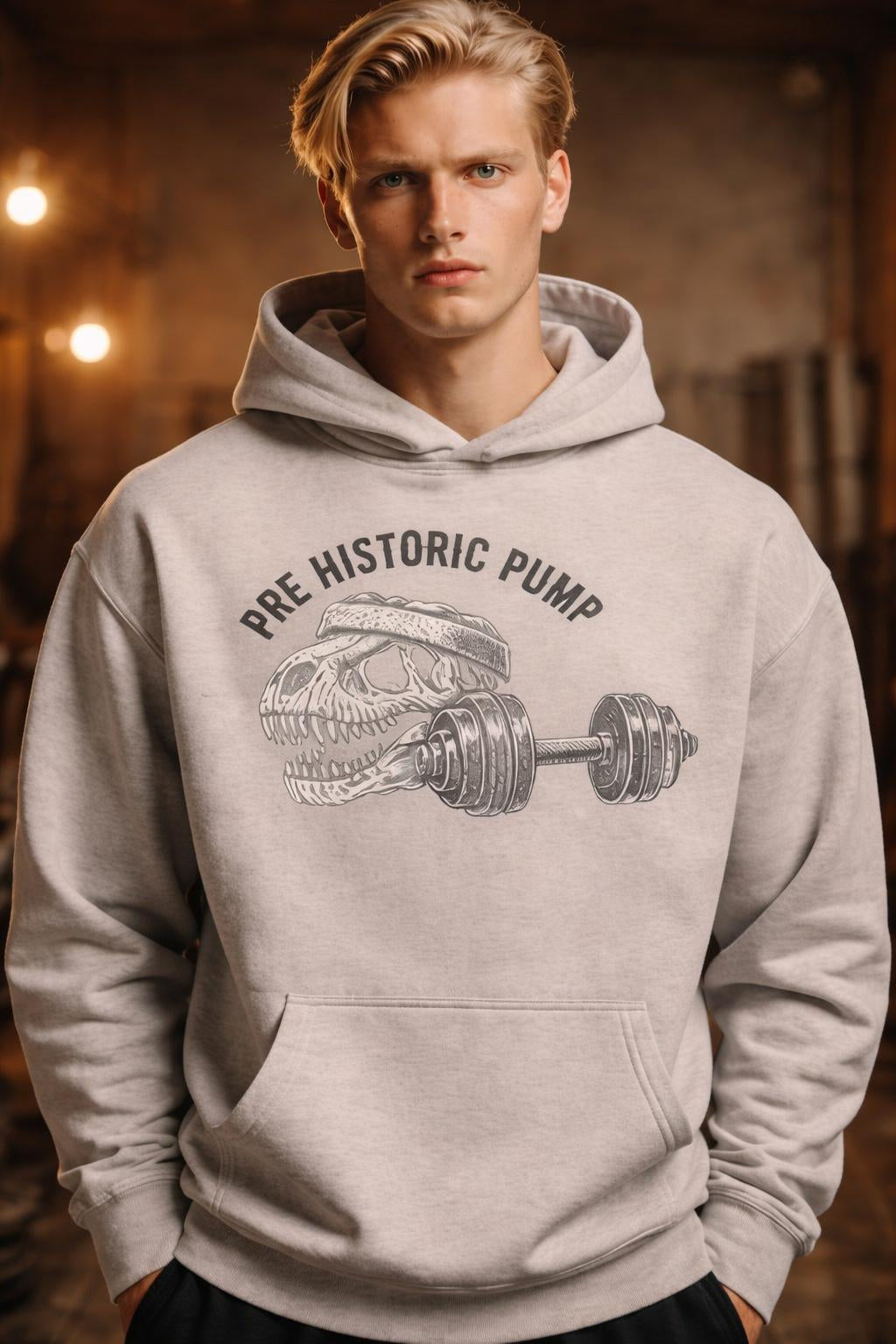 Close-up of the model wearing Pre-Historic Pump Oversized Hoodie - Warm Up Gym Sweatshirt