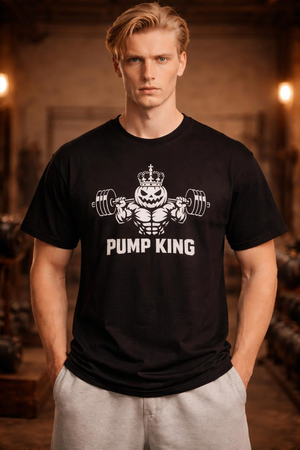 Close-up of the model wearing Pump-King Organic Cotton Shirt - Jack-O-Lantern Lifting Tee