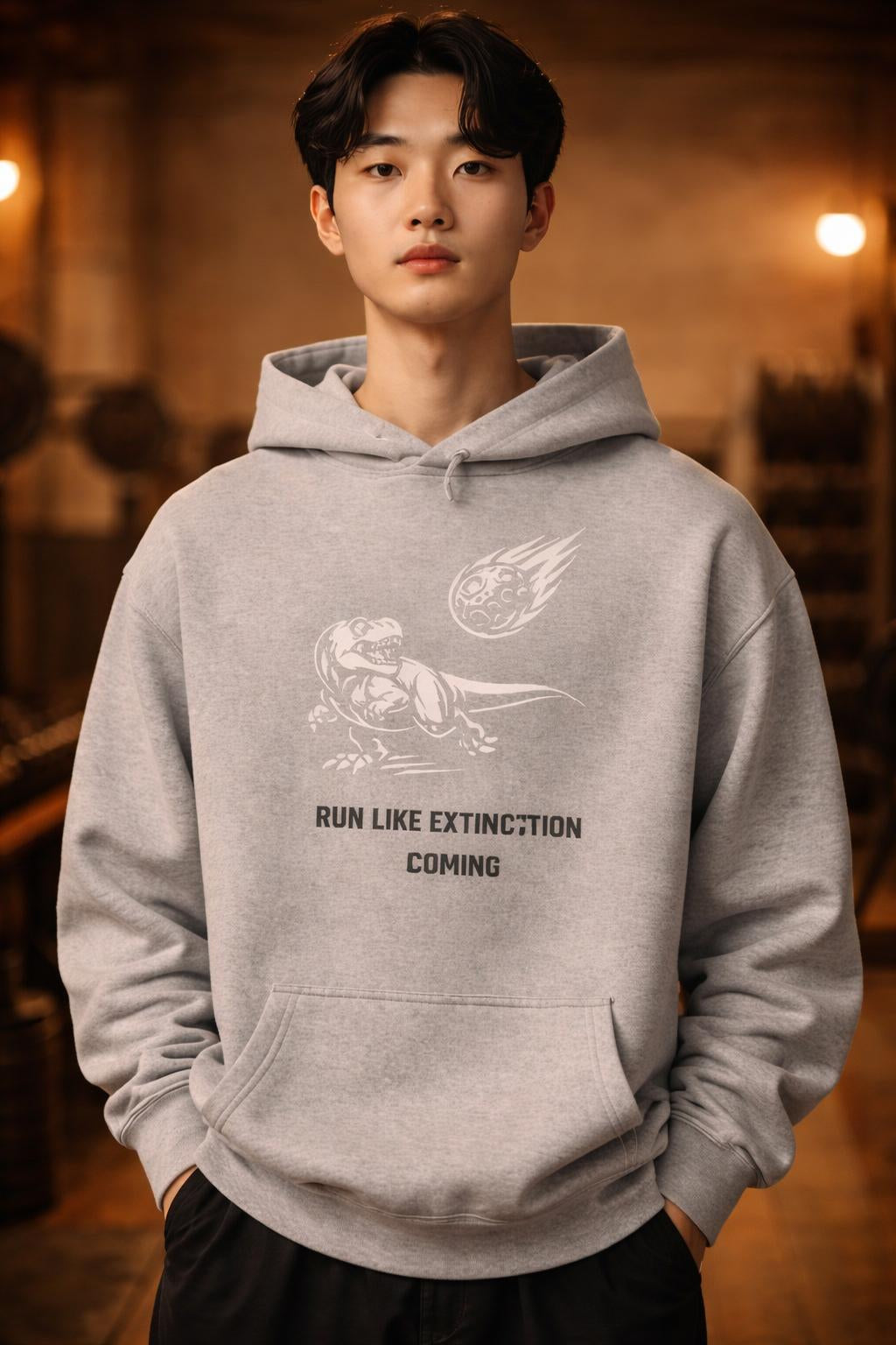 Close-up of the model wearing Cardio Extinction Oversized Hoodie - Anti-Cardio Gym Sweatshirt