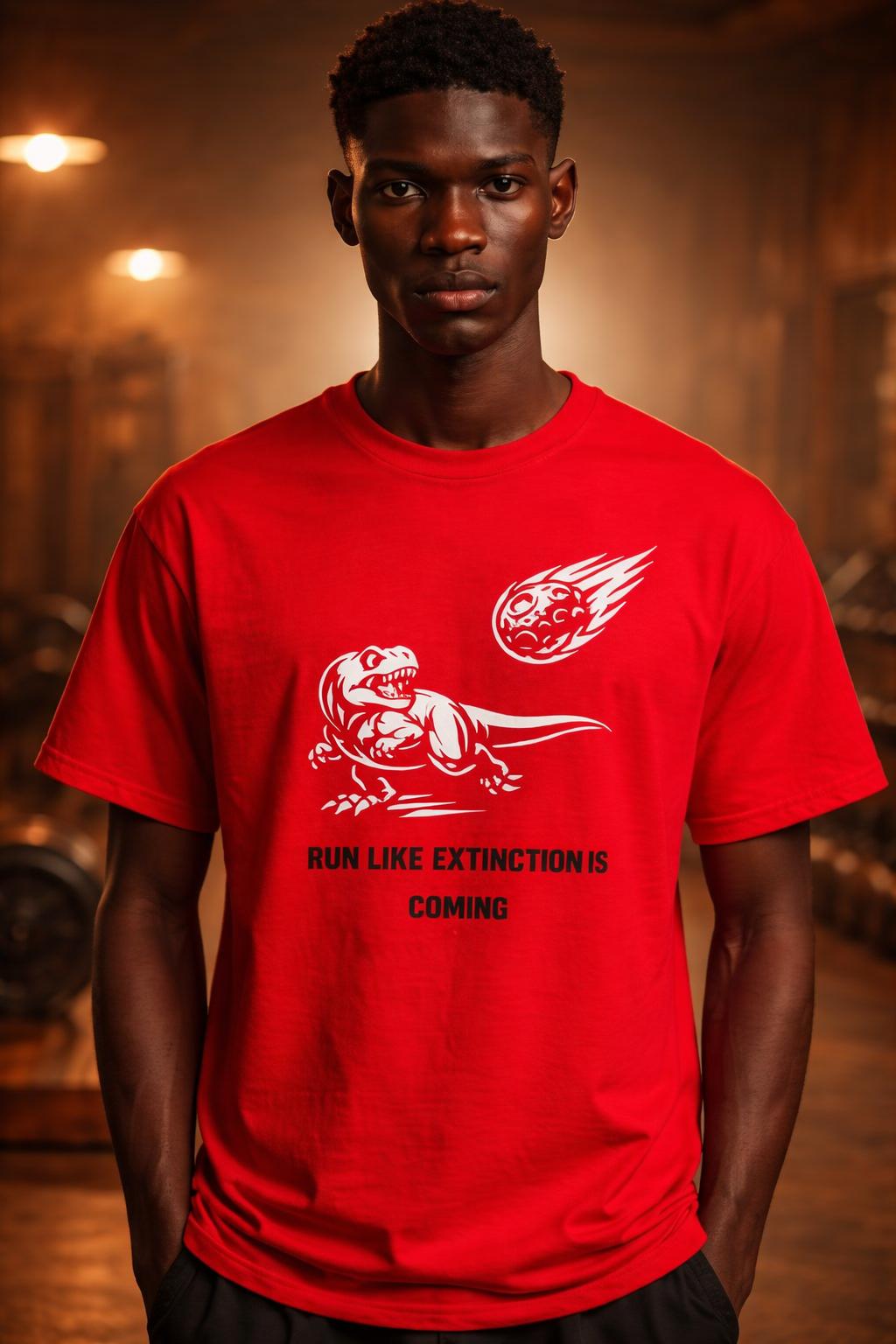 Close-up of the model wearing Cardio Extinction Organic Cotton Tee - Funny Runner Hater Shirt