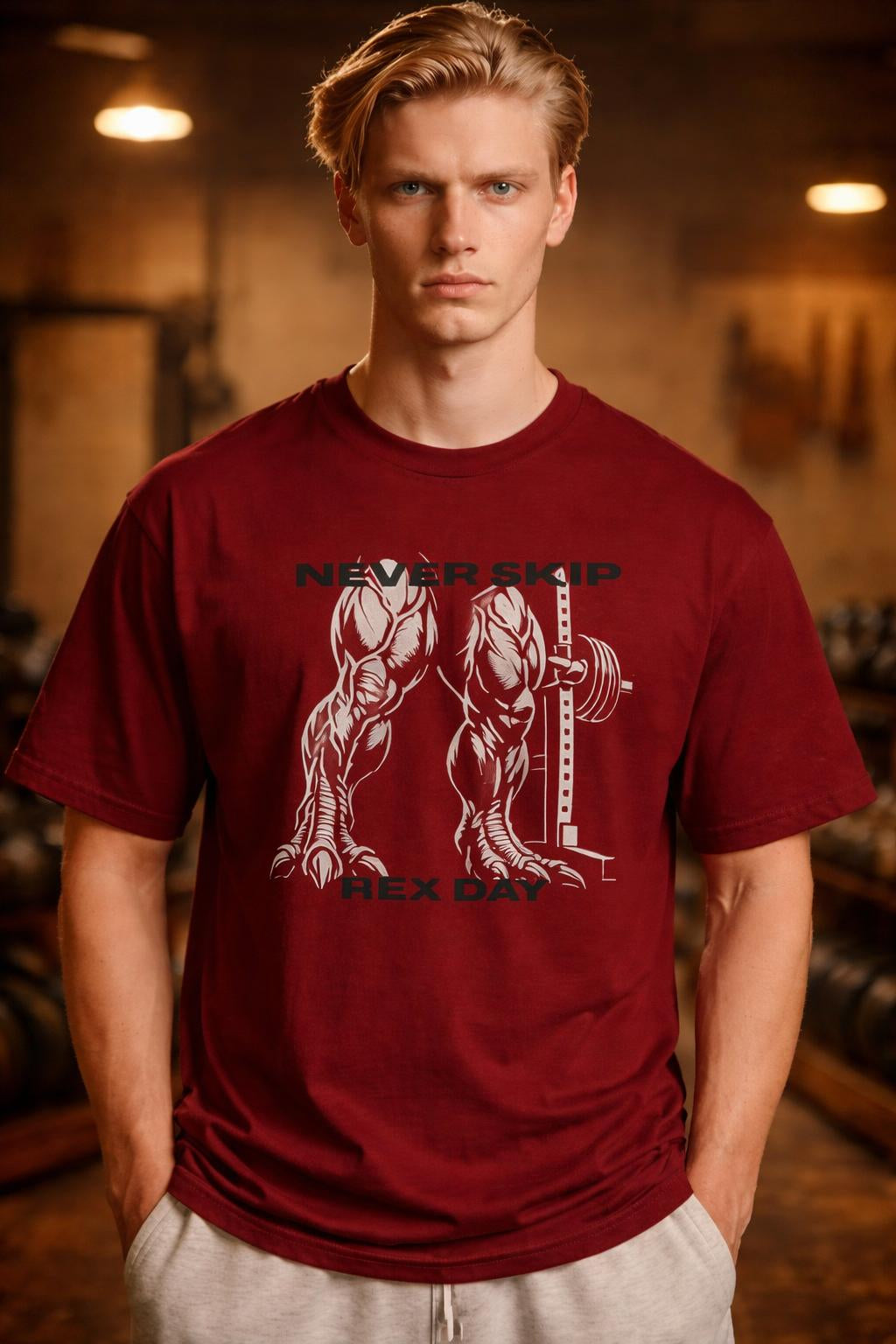 Close-up of the model wearing Never Skip Rex Day Organic Shirt - Sustainable T-Rex Squat Tee