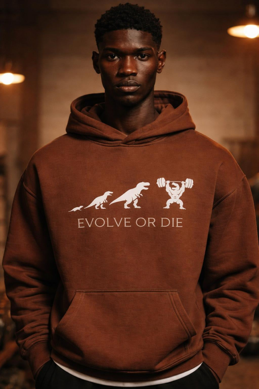 Close-up of the model wearing Evolve or Die Oversized Hoodie - Heavyweight Bodybuilding Sweatshirt