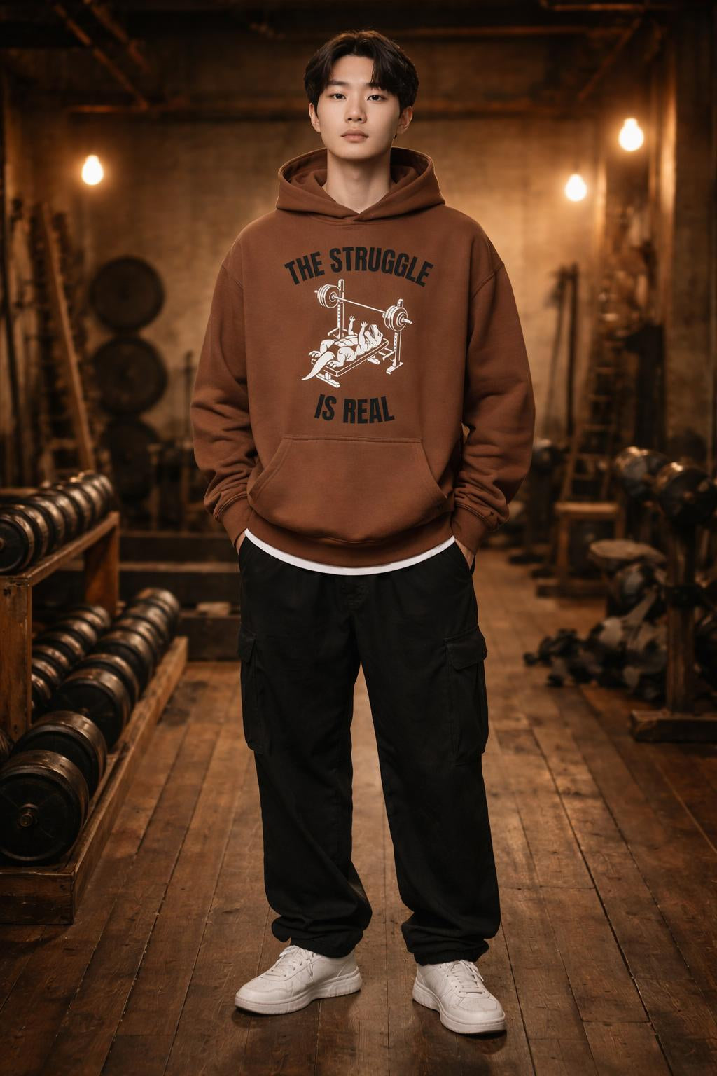Full body view of the model wearing Short Arms Struggle Oversized Hoodie - Heavyweight T-Rex Gym Jumper