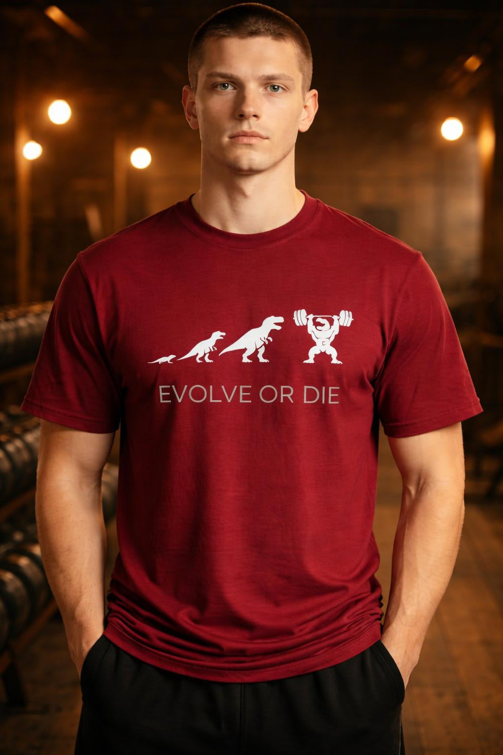 Close-up of the model wearing Evolve or Die Organic Fitness Tee - Motivation Dinosaur Gym Shirt