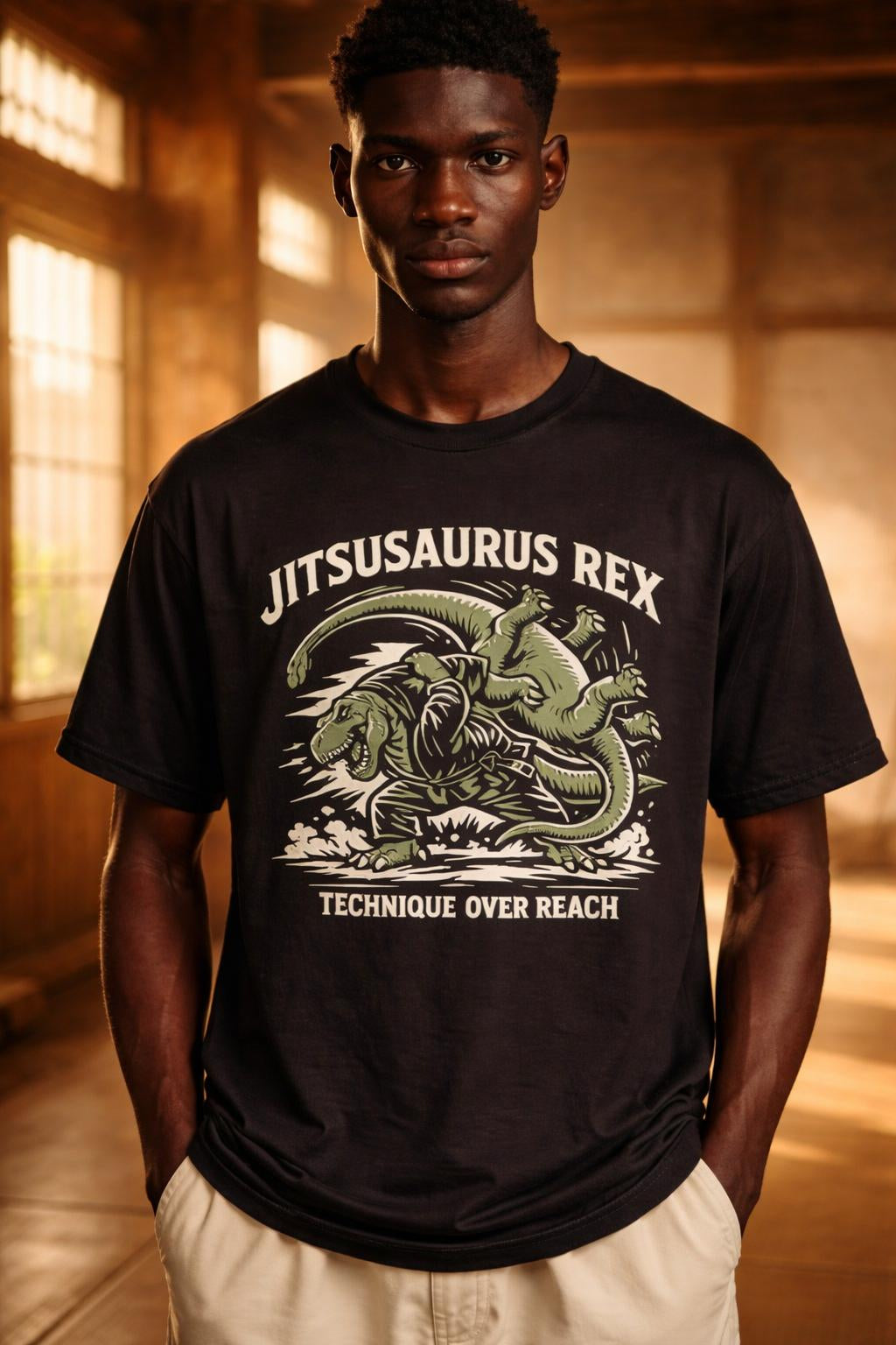 Close-up of the model wearing T-Rex Hip Throw BJJ Shirt - Technique Over Reach Organic Tee