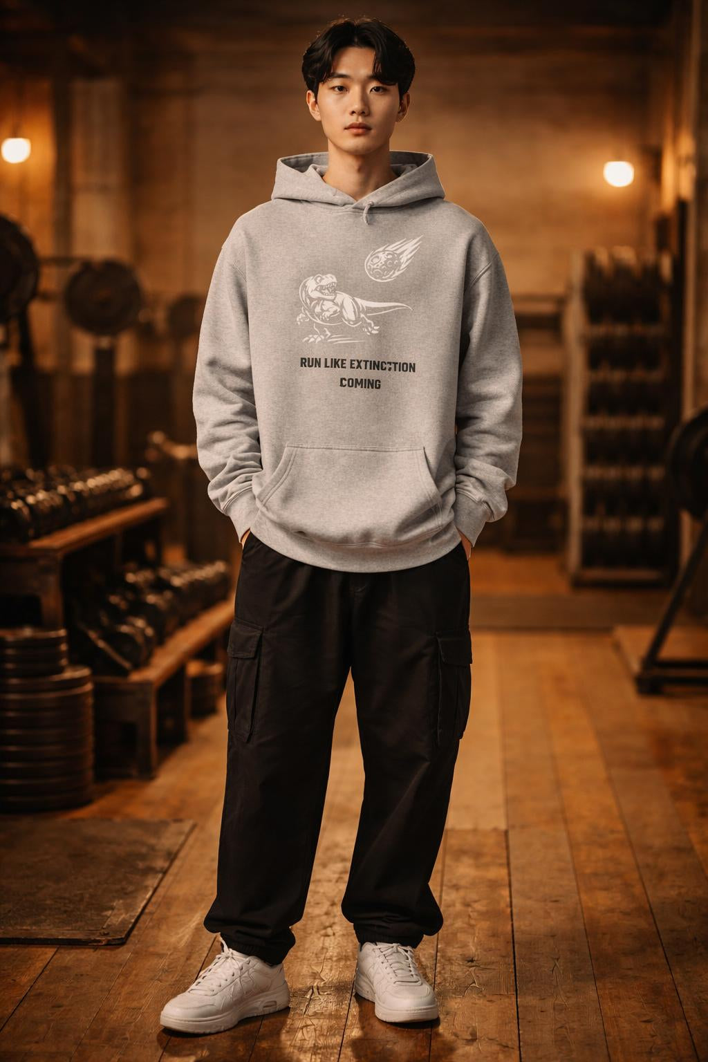 Full body view of the model wearing Cardio Extinction Oversized Hoodie - Anti-Cardio Gym Sweatshirt