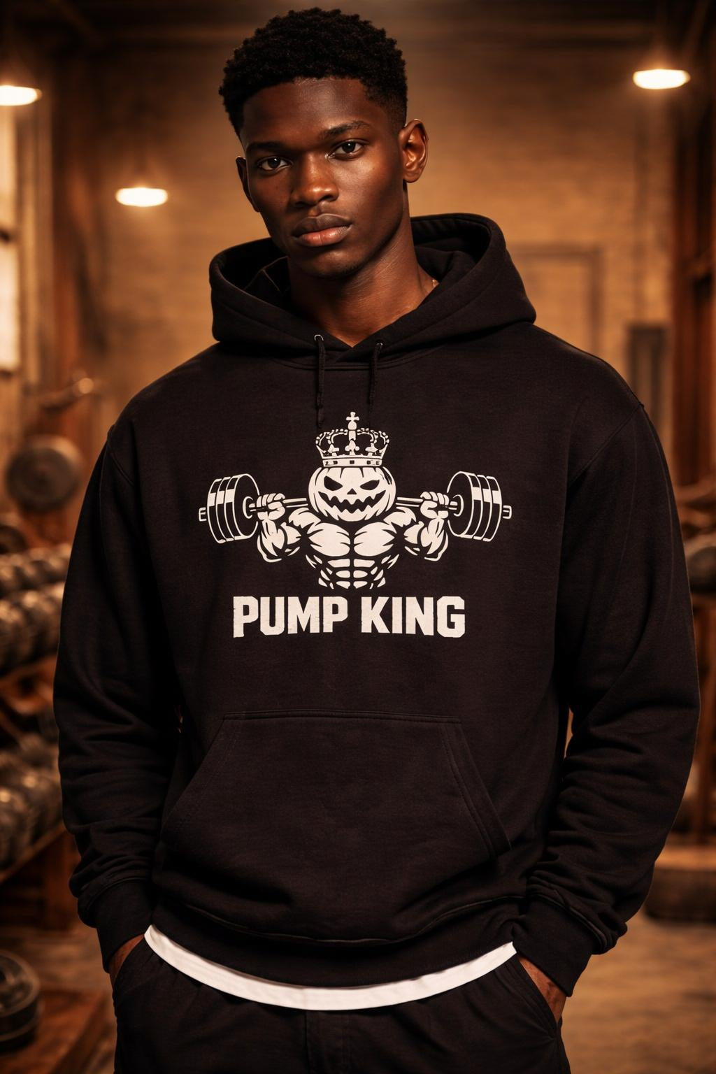 Close-up of the model wearing Pump-King Oversized Hoodie - Halloween Gym Sweatshirt