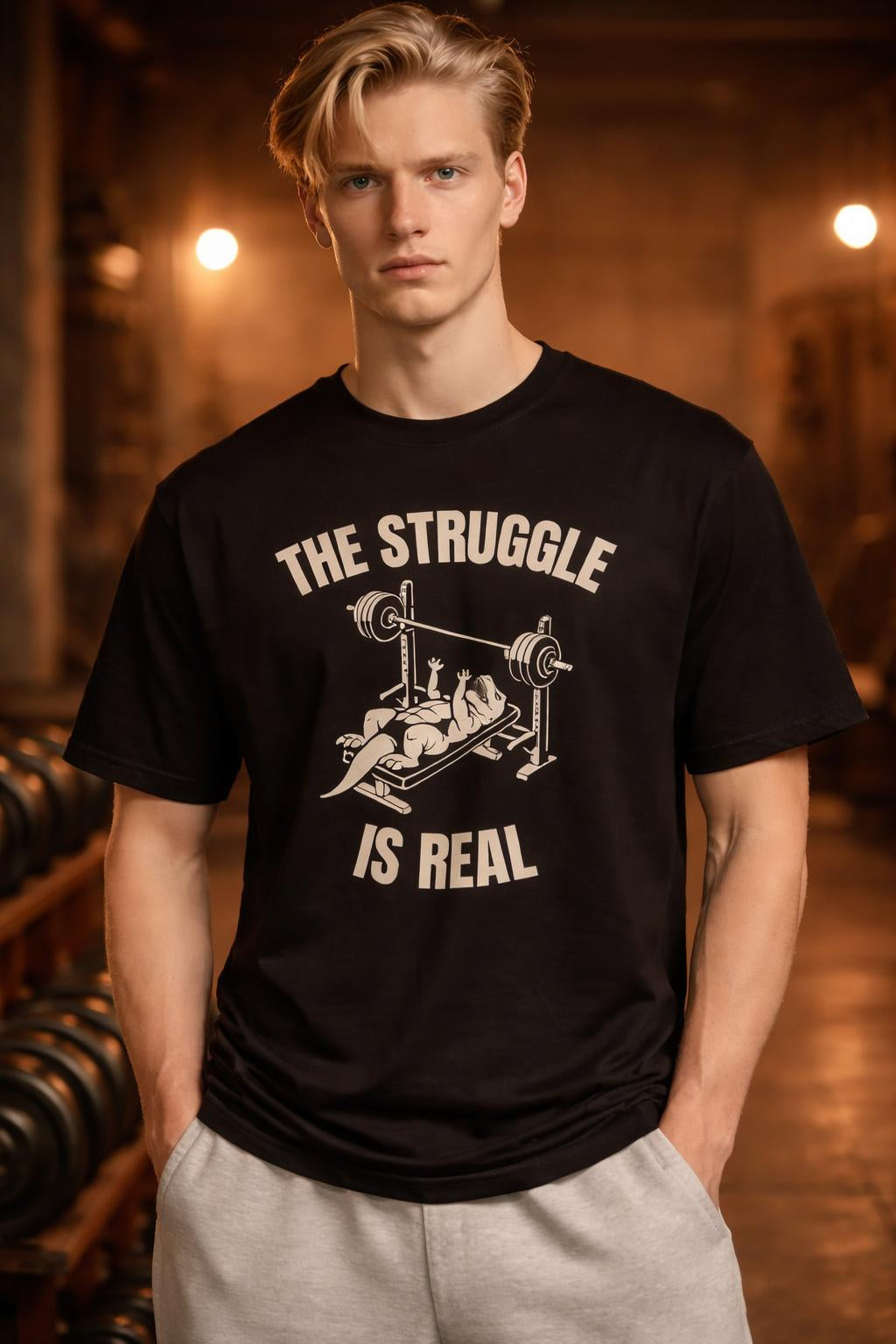 Close-up of the model wearing Short Arms Struggle Organic Cotton Tee - Eco-Friendly Dinosaur Gym Wear