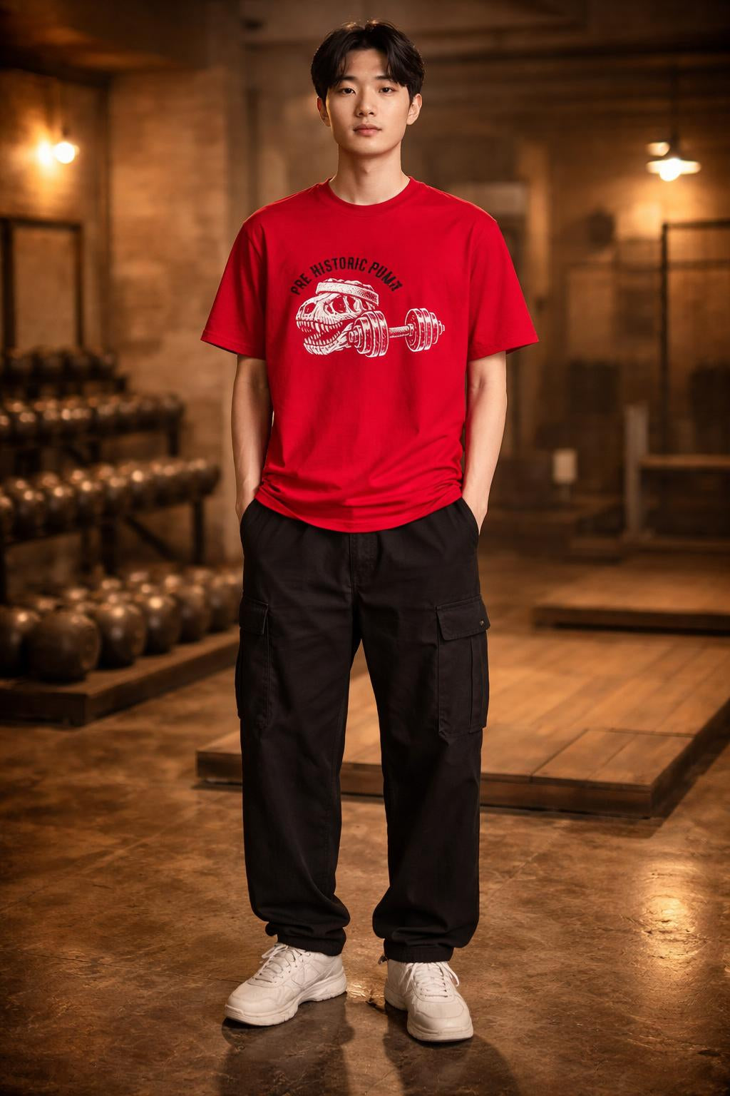 Full body view of the model wearing Pre-Historic Pump Organic Tee - Funny Dinosaur Weightlifting Shirt