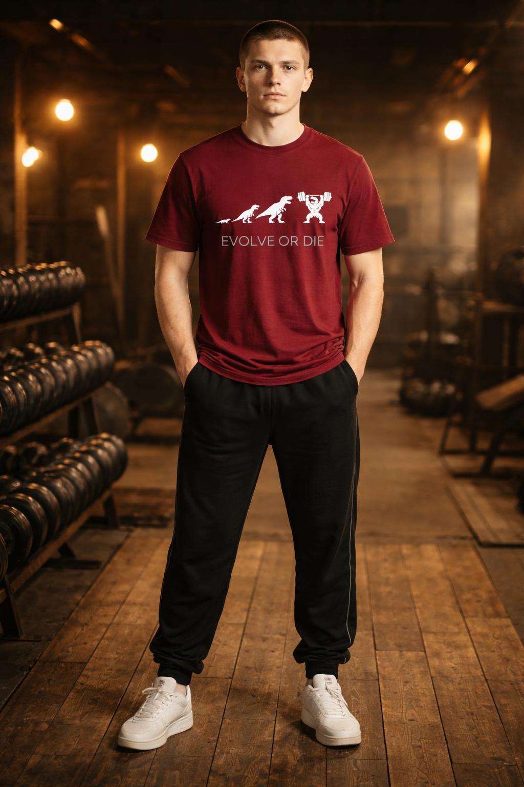 Full body view of the model wearing Evolve or Die Organic Fitness Tee - Motivation Dinosaur Gym Shirt