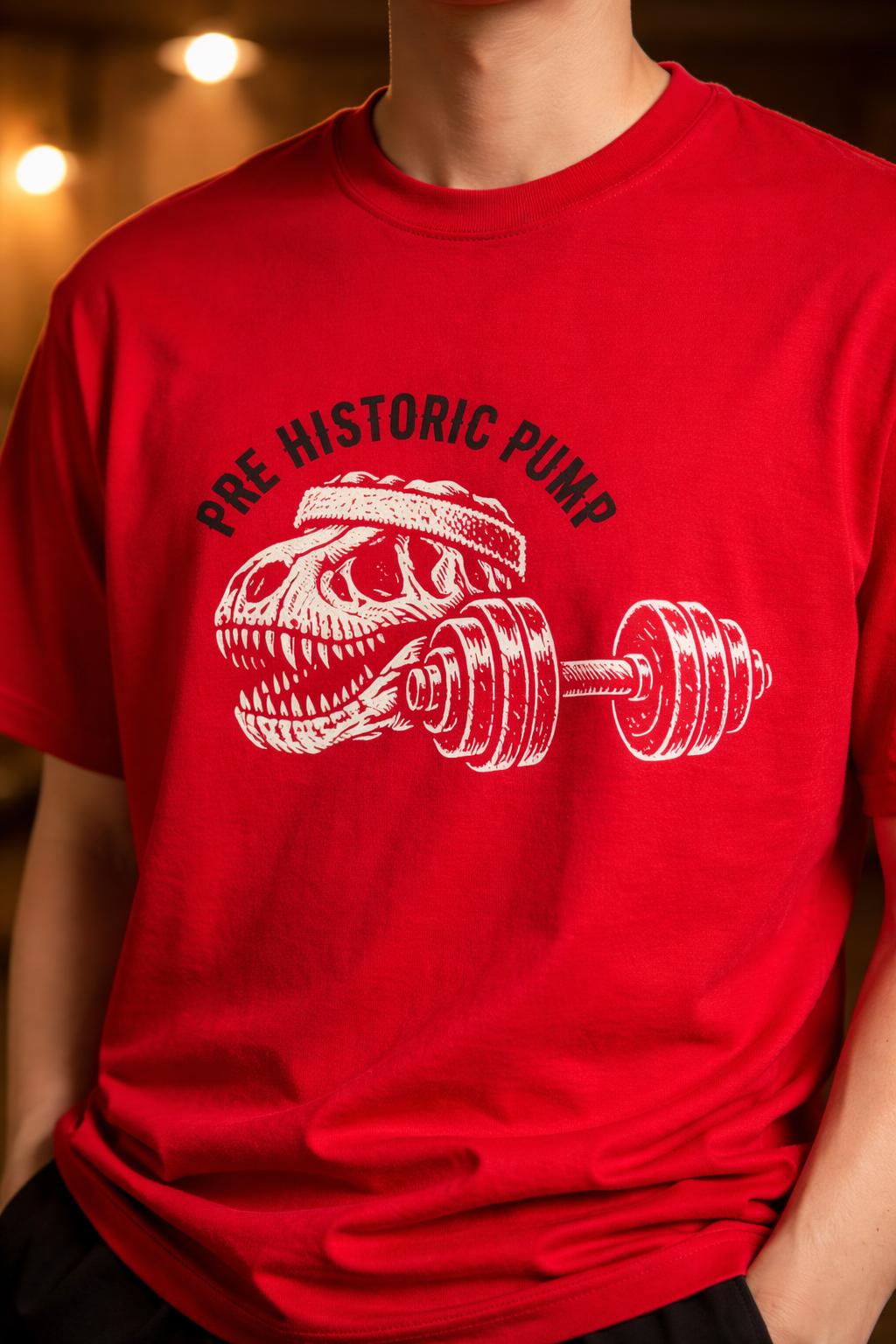 Detail shot of Pre-Historic Pump Organic Tee - Funny Dinosaur Weightlifting Shirt