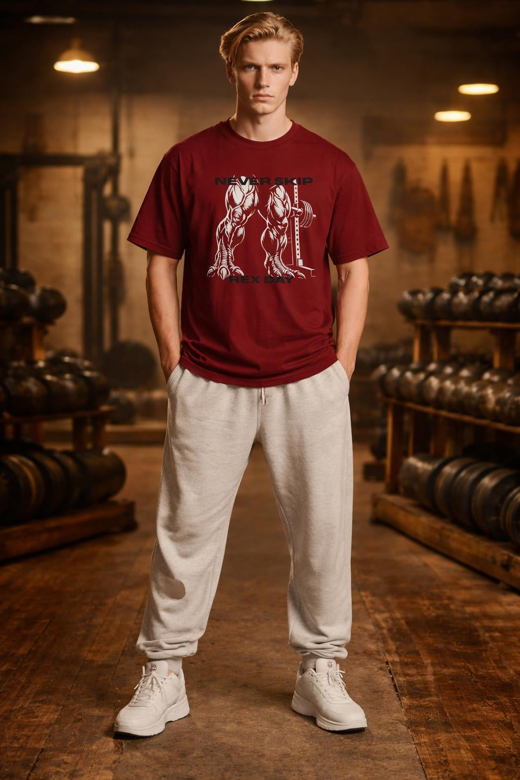 Full body view of the model wearing Never Skip Rex Day Organic Shirt - Sustainable T-Rex Squat Tee