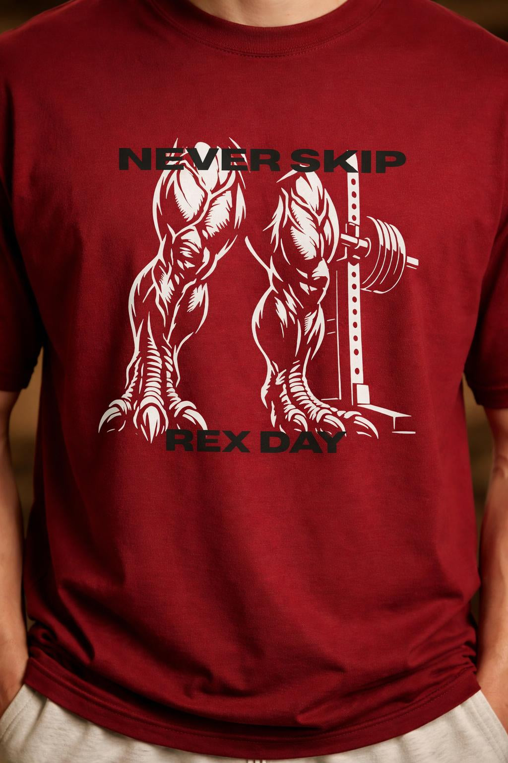 Detail shot of Never Skip Rex Day Organic Shirt - Sustainable T-Rex Squat Tee