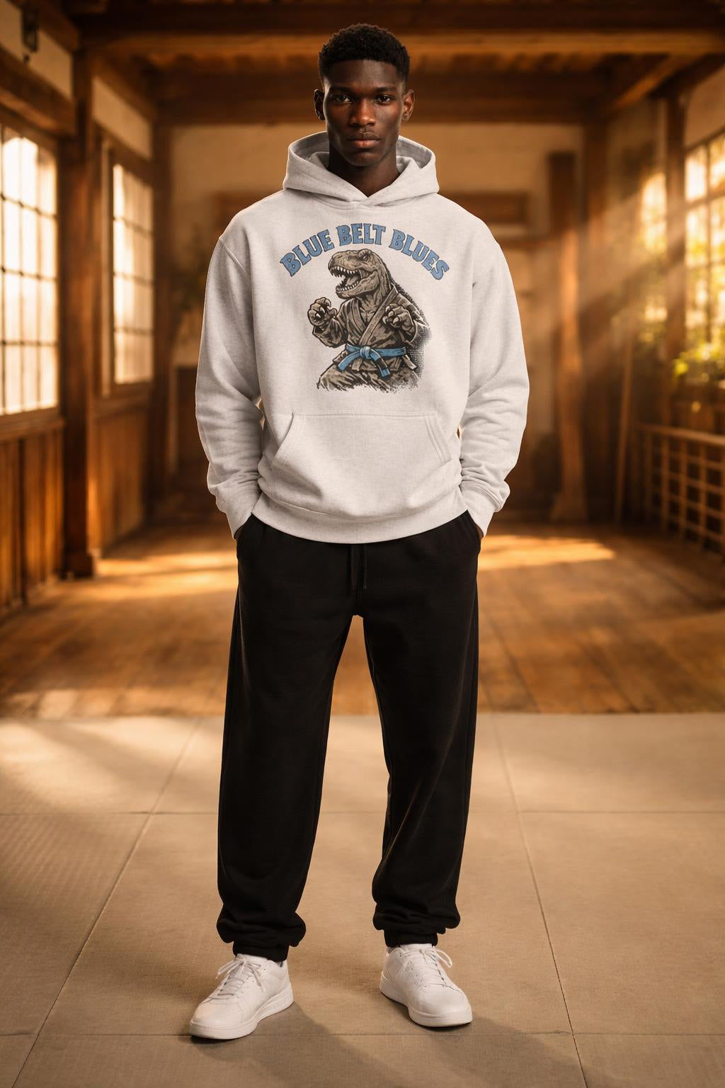 Full body view of the model wearing T-Rex Blue Belt Hoodie - Blue Belt Blues Oversized Pullover