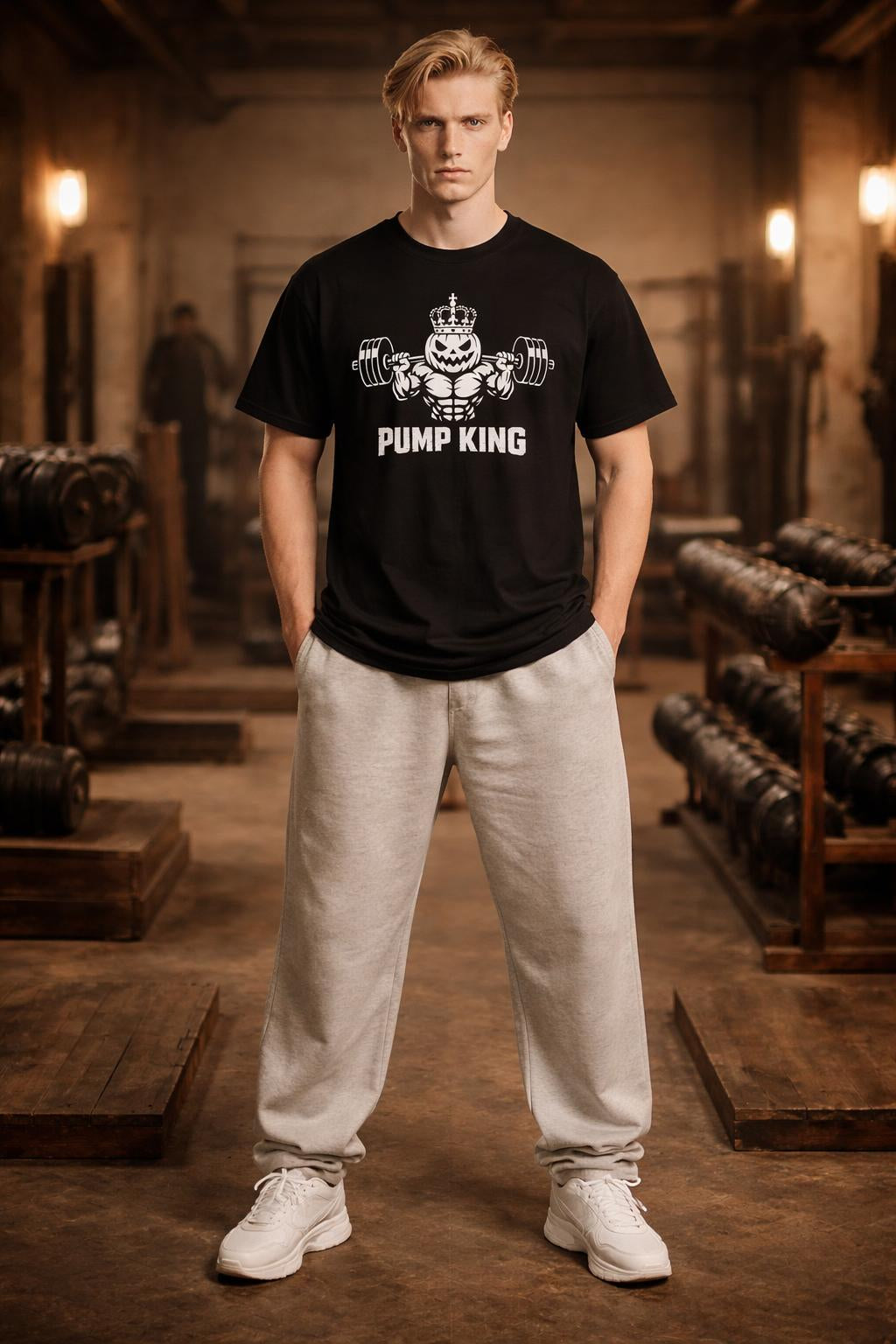 Full body view of the model wearing Pump-King Organic Cotton Shirt - Jack-O-Lantern Lifting Tee