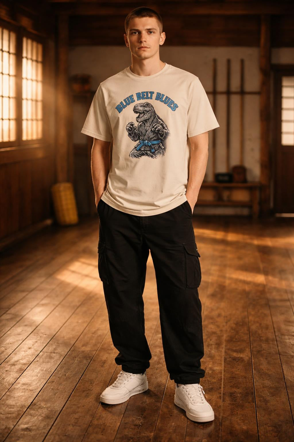 Full body view of the model wearing T-Rex Blue Belt Shirt - Blue Belt Blues Organic Tee